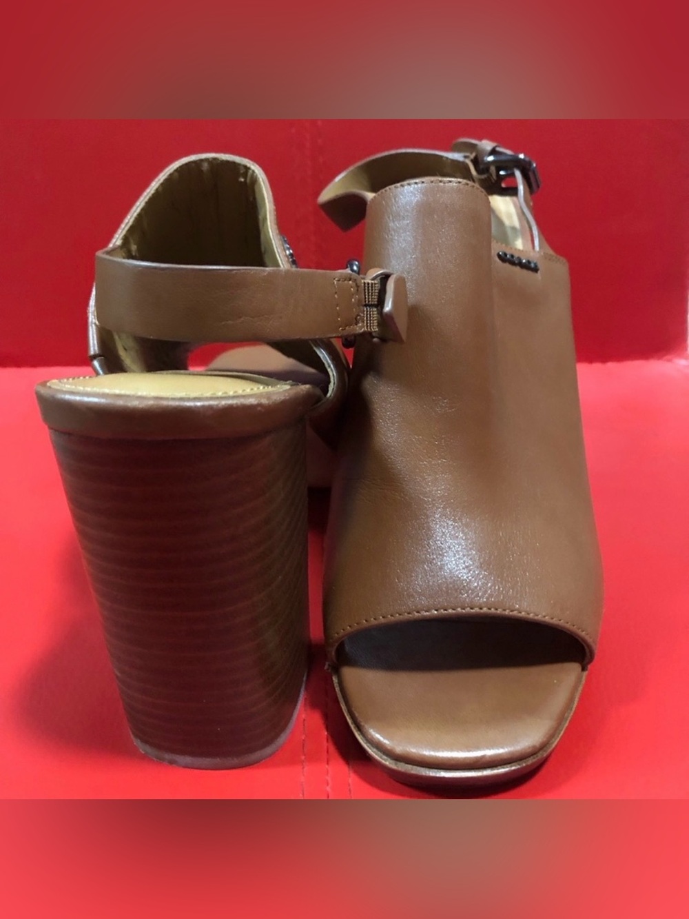 Coach Brown Leather Block Heel Slingback Peep-Toe Sandals - Picture 5 of 10